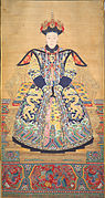 Portrait of an empress, possibly Empress Xiaoxianchun, (wife of the Qianlong Emperor) sitting on a chair decorated with phoenixes