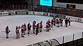 Čeština: Děkovačka hráčů HC Slavia Praha za podporu po celou sezónu po závěru posledního domácího barážového zápasu (s HC Verva Litvínov 2:1 po prodloužení).