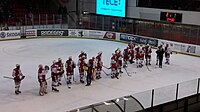 Čeština: Děkovačka hráčů HC Slavia Praha za podporu po celou sezónu po závěru posledního domácího barážového zápasu (s HC Verva Litvínov 2:1 po prodloužení).