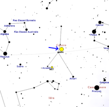 Mapa ukazující polohu Jesliček uprostřed souhvězdí Raka
