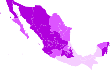 Public support of same-sex marriage in Mexico, as of 2017[334]   > 60%   > 50%   > 40%