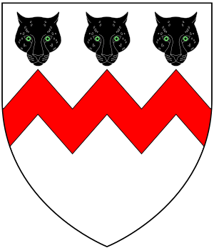 Arms of Pulteney: Argent, a fess dancettee gules in chief three leopard's faces sable PulteneyArms.svg