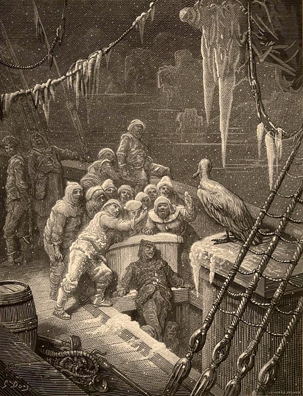 Engraving by Gustave Doré for an 1876 edition of the poem. The Albatross depicts 17 sailors on the deck of a wooden ship facing an albatross. Icicles 