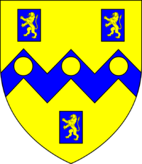 Arms of Rolle: Or, on a fesse dancette between three billets azure each charged with a lion rampant of the first three bezants RolleArms.png