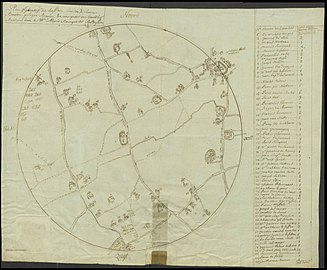 Kaart van 1774 met de ligging van de hoeves met hoornvee in Rollegem. Deze kaart werd opgemaakt met het oog op het indijken van de veepest.