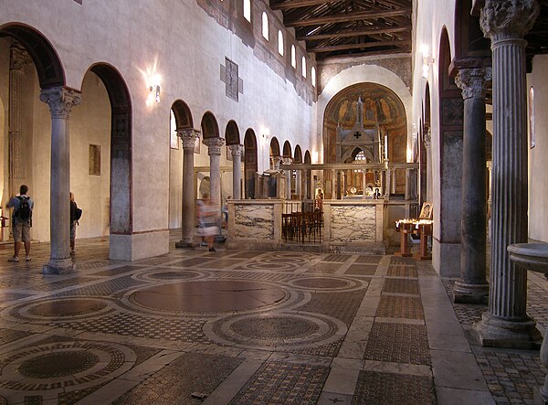 The interior of Santa Maria in Cosmedin, restored to the appearance of the 8th-century church.