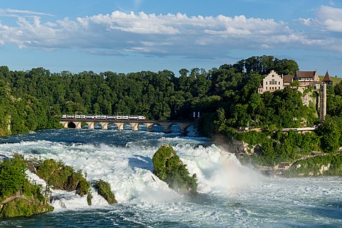 Rhine Falls with Laufen castle and an SBB RABe 514 trainset