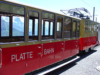 Modern steel coach with owner inscription BOB B 45 SPB at Schynige Platte Station.jpg