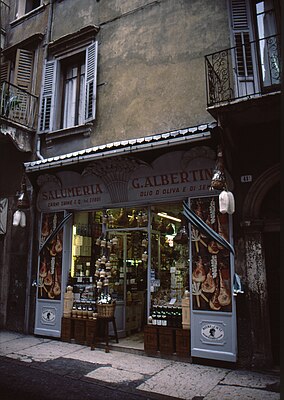 The store front of a salumeria in Verona, Italy