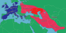индоевропейские ареалы Кентум (синий) и Сатем (красный). Предполагаемая исходная область сатемизации показана ярко-красным цветом.