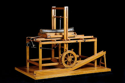 Reconstruction of the hydraulic saw by Leonardo da Vinci (Codice Atlantico foglio 1078) exposed at the Museo nazionale della scienza e della tecnologia Leonardo da Vinci, Milan.
