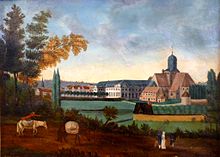 The abbey in 1785 Selles Abbaye de Bernay 1785.jpg