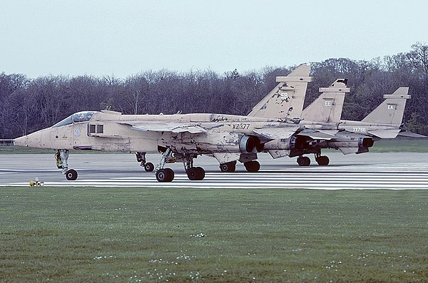 Trio of No. 6 Squadron SEPECAT Jaguar GR.1As at Coltishall in Op GRANBY livery, April 1991.