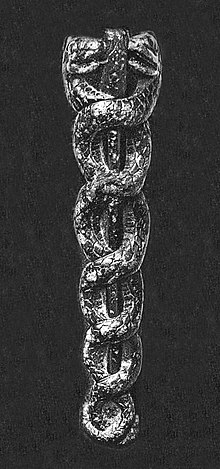 The Caduceus, symbol of God Ningishzida, on the libation vase of Sumerian ruler Gudea, circa 2100 BCE. Serpent god Ningishzida on the libation vase of Gudea, circa 2100 BCE.jpg