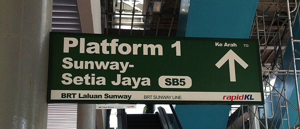 Platform 1 signage at SB5 SunU-Monash station towards SB1 Sunway-Setia Jaya station.