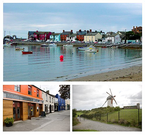 Clockwise from top: Brightly painted houses lining Skerries harbour; the Great Windmill; businesses on Strand Street