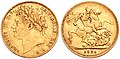 IV. György király 1821-es sovereign érméje, hátoldalán Benedetto Pistrucci legendás sárkányölő Szent György ábrázolásával.