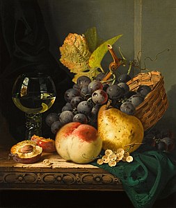 99. Edward Ladell label QS:Len,"99. Edward Ladell" Still Life with a Peach, a Pear, Plums and Grapes with a Goblet of Wine