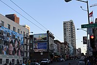 Ping Yuen Mural by Darryl Mar on Central Ping Yuen can be seen at the left side of this image, taken from the corner of Stockton and Pacific, facing south.