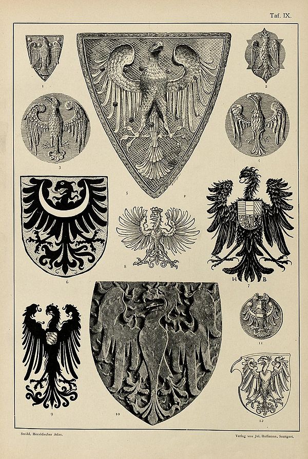 Examples of heraldic eagles of the 13th to 16th centuries, from Hugo Gerard Ströhl's Heraldischer Atlas