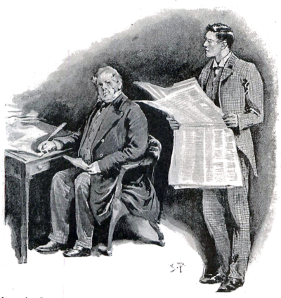 Person standing and holding a newspaper in front and to the right of another person in a chair at a table, looking at each other