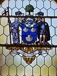 Stained Glass window bearing the Strickland coat of arms in the dining room extension at Villa Bologna Strickland Coat of Arms.jpg