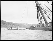 Rodney being pulled up from the bottom of the harbour several days after the sinking Sydney Ferry RODNEY being raised following capsize and sinking February 1938.jpg