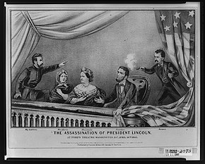 Assassination of Abraham Lincoln
Currier & Ives illustration of Lincoln's assassination, showing Lincoln clutching a flag hung to his left. The assassination of President Lincoln at Ford's Theatre.jpg