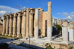 The west facade in Pentelic marble with columns of Karystos marble of the Library of Hadrian, Athens (14023204344).jpg