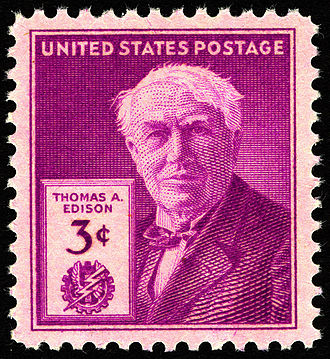 Thomas Edison commemorative stamp, issued on the 100th anniversary of his birth in 1947 Thomas Edison 3c 1947 issue U.S. stamp.jpg