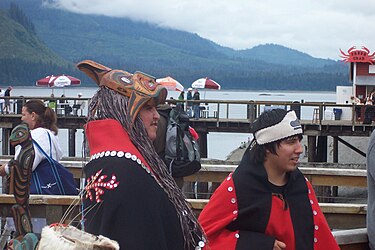 Tlingit garbed people and items at the cruise ship destination Icy Strait Point which is funded by the corporation Tlingit garbed people and items at Icy Strait Point 2009.jpg