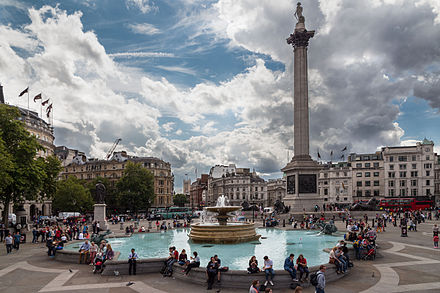 Trafalgar Square and its fountains, with Nelson's Column on the right
