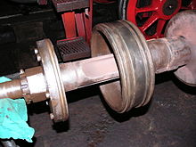 Trofimoff valve of locomotive no. 41 1144 in open position. The piston valve heads are loose on the valve spindle, in the middle dead centre position. Left is a supporting element. When fitted, the valve bodies are exactly centred by the valve chest and the spindle through the housing (Tragbuchsen), so that the rod can move freely through the valve heads. Trofi2.jpg