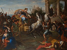 Tullia driving her Chariot over her Father, by Giuseppe Bartolomeo Chiari.jpg