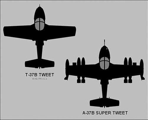 Dorsally projected diagram of the T-37B "Tweet" and A-37B "Super Tweet".