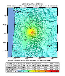 USGS ShakeMap USGS Shakemap - 1993 Scotts Mills earthquake.jpg