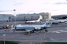 Large portions of the film were shot at Oslo Airport, Fornebu, here depicted in 1972. Un avion DC-9-21 de la compagnie aerienne scandinave SAS.jpg