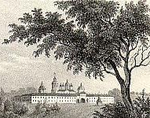Gamla Valamo kloster i Karelen, teckning från 1800-talets mitt av Pehr Adolf Kruskopf.