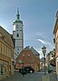 Blick in die Wenceslaigasse mit Turm der Wenceslaikirche, in der Mitte das Wohnhaus in Wurzen, Wenceslaigasse 15