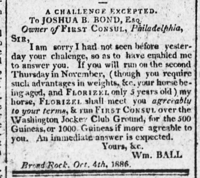 Washington Jockey Club Race Challenge The Evening Post Mon Oct 13 1806