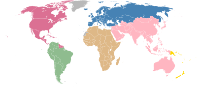 Map of the World with the six confederations:
.mw-parser-output .legend{page-break-inside:avoid;break-inside:avoid-column}.mw-parser-output .legend-color{display:inline-block;min-width:1.25em;height:1.25em;line-height:1.25;margin:1px 0;text-align:center;border:1px solid black;background-color:transparent;color:black}.mw-parser-output .legend-text{}
Asian Football Confederation (AFC)
Confederation of African Football (CAF)
Confederation of North, Central America and Caribbean Association Football (CONCACAF)
South American Football Confederation (CONMEBOL)
Oceania Football Confederation (OFC)
Union of European Football Associations (UEFA) World Map FIFA.svg