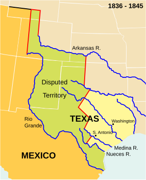 The Republic of Texas. The present-day outlines of the U.S. states (white lines) are superimposed on the boundaries of 1836-1845. Wpdms republic of texas-2008-19-11.svg