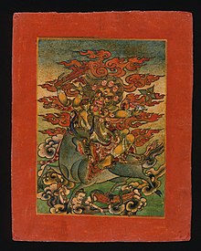 Described by LACMA as "Yellow Yama (?) and Consort on Bull, Nyingmapa Buddhist or Bon Ritual Card" (tsakli), 18th or 19th century. Yellow Yama (%3F) and Consort on Bull, Nyingmapa Buddhist or Bon Ritual Card LACMA AC1998.253.1.jpg