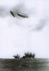 Italian dirigibles bomb Turkish positions on Libyan territory. The Italo-Turkish War was the first in history to feature aerial bombardment by airplanes and airships. Zeplin orta.jpg