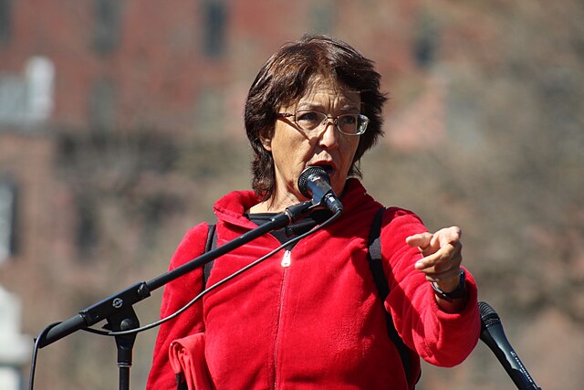 La Riva speaking at a protest against U.S. intervention in Venezuela, 2019