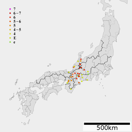 1586 Tensho earthquake intensity.png