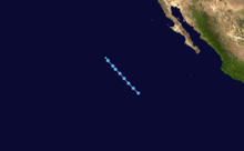 A track map of a tropical depression which moves in a straight, northwestward fashion over the Eastern Pacific Ocean