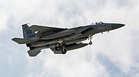 A US Air Force F-15C Eagle, tail number 82-0036, on final approach at Kadena Air Base in Okinawa, Japan. The aircraft is assigned to the 67th Fighter Squadron.