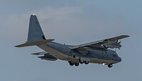 A United States Marine Corps KC-130J, registration number 169535, on final approach at Kadena Air Base in Okinawa, Japan. The aircraft belongs to VMGR-152 at Marine Corps Air Station Iwakuni.