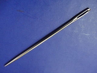 Sewing needle Elongated, thin tool used for sewing, made of hard material